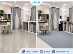 ภาพเปรียบเทียบก่อนและหลังปูพรมสีเทาในร้านผ้าม่าน เปลี่ยนบรรยากาศให้นุ่มนวลน่ามอง